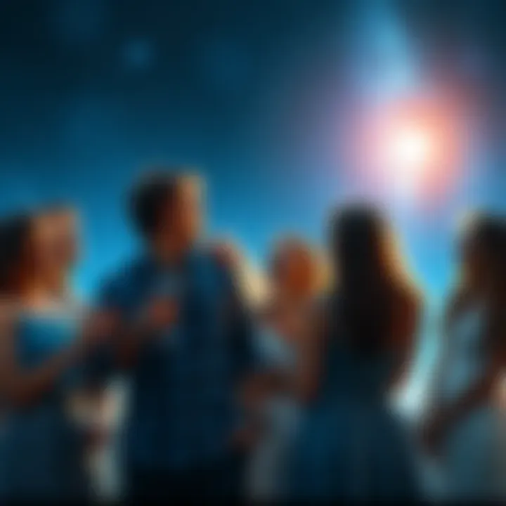 A group of friends representing Libra and Pisces zodiac signs, enjoying a lively conversation under a starry sky, showing their fun and engaging personalities.