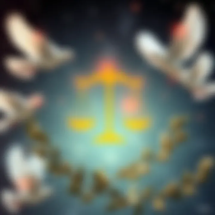 A serene scene depicting a Libra symbol surrounded by peaceful elements like doves and olive branches, representing harmony in life and relationships.