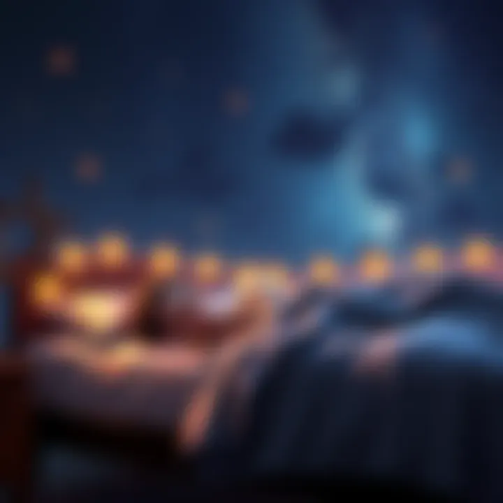 A cozy bedroom scene showing a Libra figure peacefully sleeping under a starry night sky with zodiac symbols around.