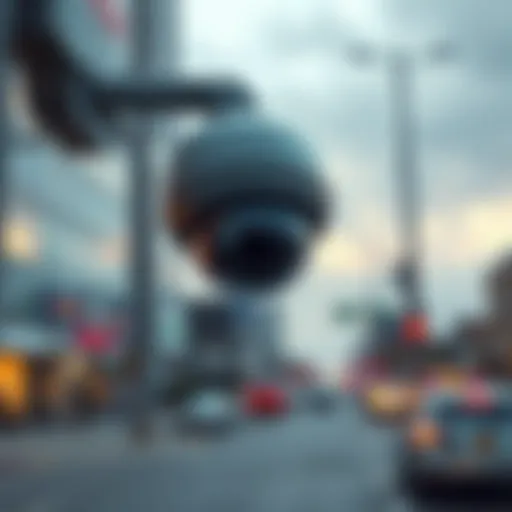 A license plate camera mounted on a street pole capturing data as cars pass by.