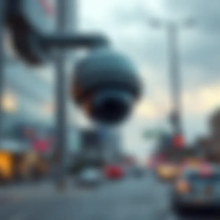A license plate camera mounted on a street pole capturing data as cars pass by.