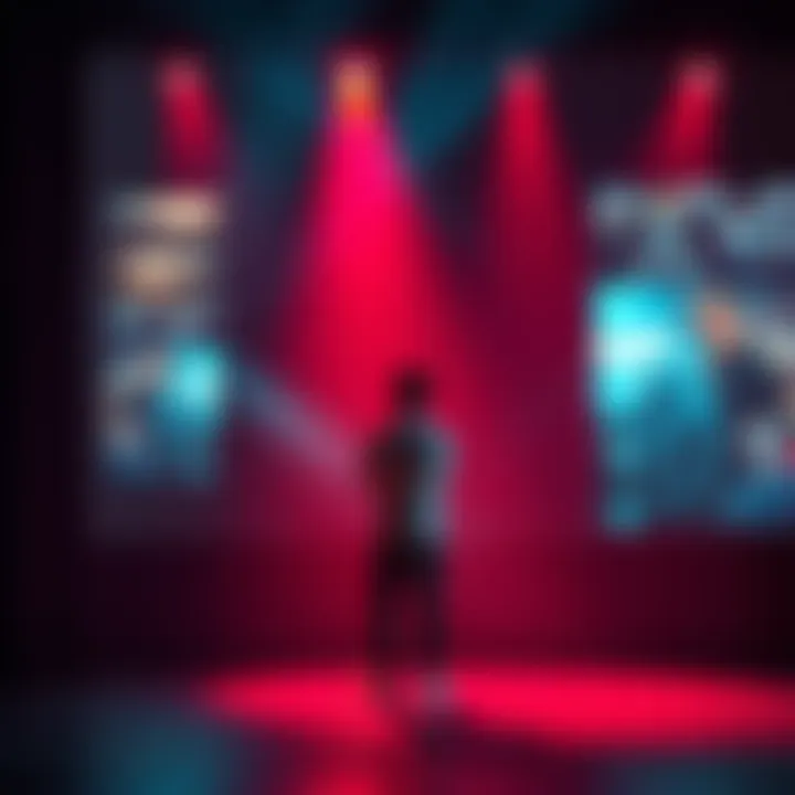 A person standing on a stage, looking at a mirror reflecting multiple scenes of life's challenges and choices, symbolizing a crafted narrative.
