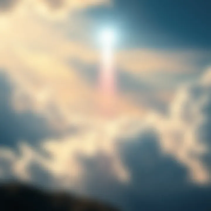 Concept of Life After Death A serene landscape with a bright light symbolizing hope and spirituality, against a backdrop of clouds and celestial elements.