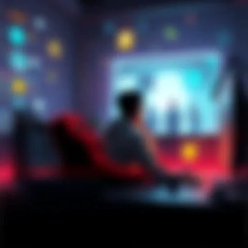 A person sitting at a computer surrounded by digital elements, contemplating reality and simulation, with influencers depicted as characters in the background.