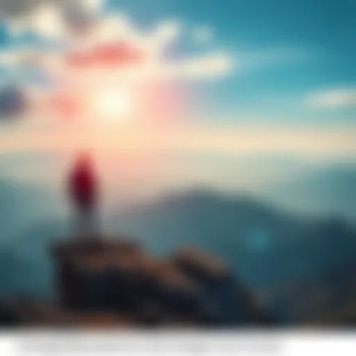 A person standing on top of a mountain, looking out over a vast landscape, symbolizing transformation and insight.