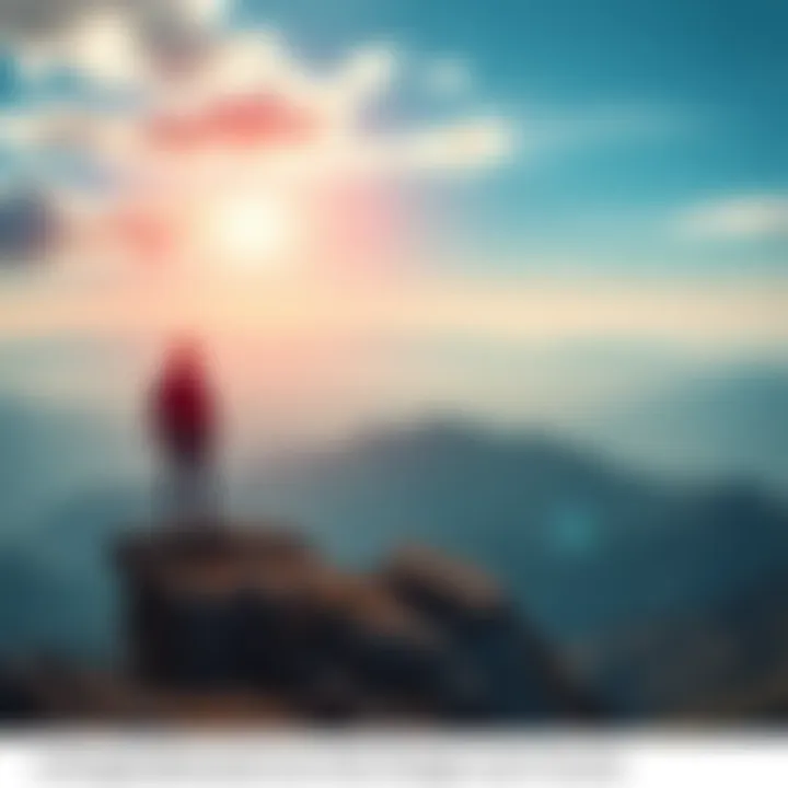 A person standing on top of a mountain, looking out over a vast landscape, symbolizing transformation and insight.