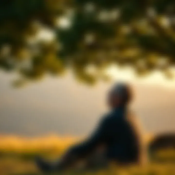 A thoughtful individual sitting outdoors, contemplating life choices under a tree, symbolizing self-reliance and personal growth.
