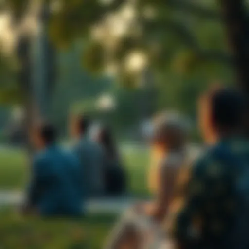 People reflecting on significant life events and personal growth in a serene park setting
