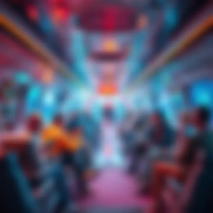 A futuristic spaceship interior showing people interacting with advanced technology while enjoying daily activities