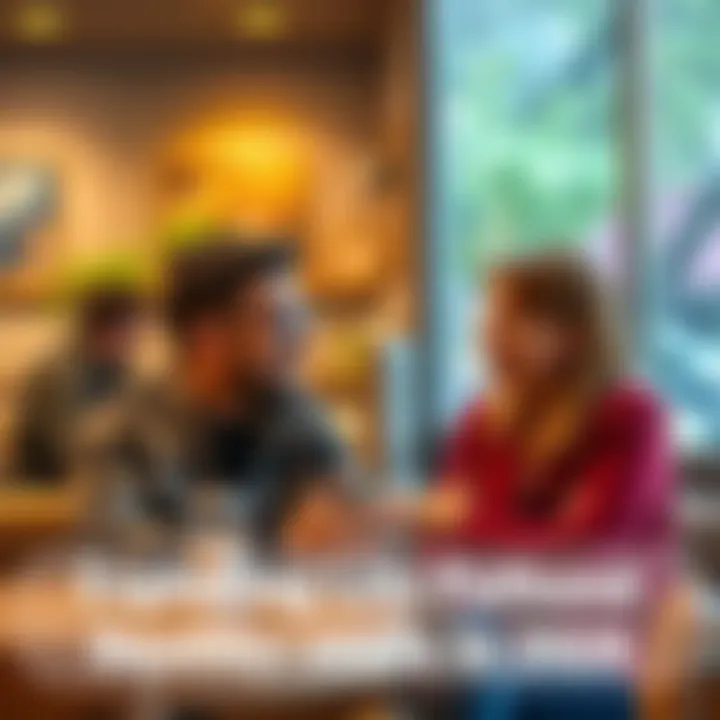 A man and a woman talking about their personal growth and career choices in a cozy cafe setting.