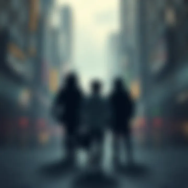 A person walking through a city while shadowy figures observe from the background, resembling spectators in a game.