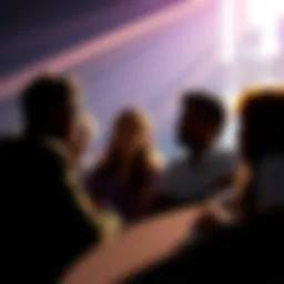 A group of people engaged in a thoughtful conversation with soft lighting, representing themes of enlightenment and identity.