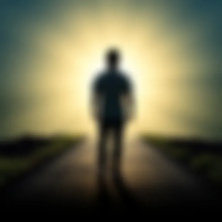 A person standing at a crossroads, one path lit with bright light and the other in shadow, symbolizing the choice between forced positivity and true self-discovery in spiritual communities.