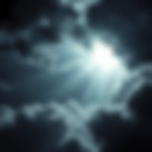 A symbolic representation of good and evil with light overcoming darkness, showcasing a bright beam breaking through dark clouds.