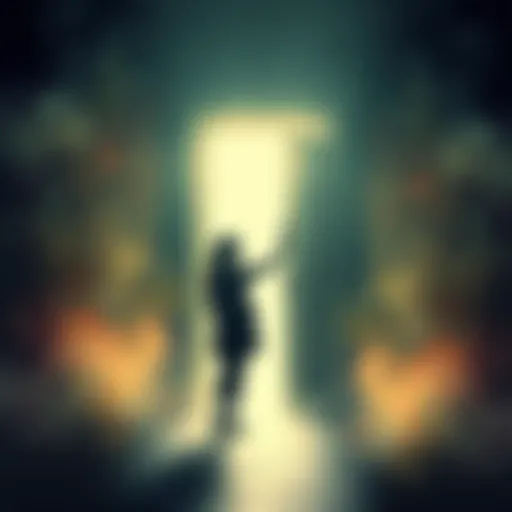 A bright light door with a dark silhouette of a woman guiding a person toward it in a chaotic background