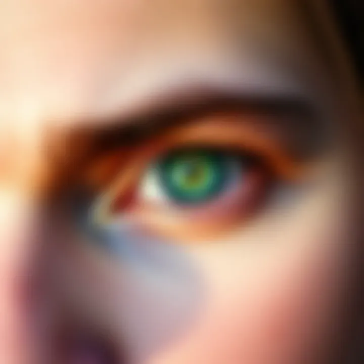 Close-up of a person showcasing light hazel green eyes, highlighting the eye color change process.