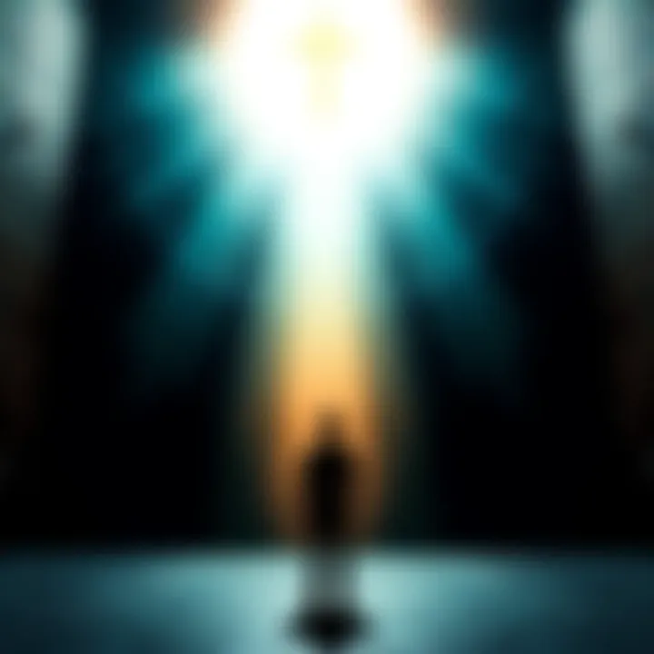 A person standing at a crossroads under a bright, glowing light, surrounded by dark shadows representing false paths, contemplating their spiritual journey.