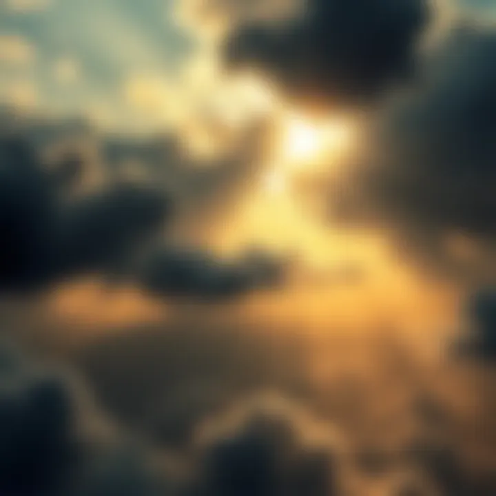 A bright light breaking through dark clouds, symbolizing reflection and introspection about hubris and divinity in music.