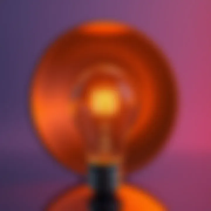 A lightbulb reflecting a golden hue in a mirror, showcasing its color change when near gold.