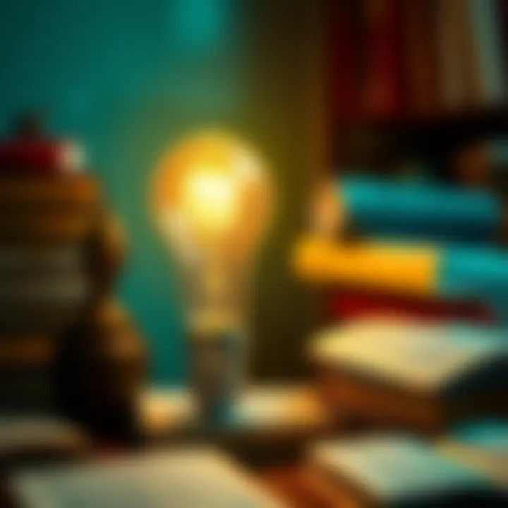 A glowing light bulb surrounded by books and a person thinking, representing the concept of enlightenment and knowledge in modern society.