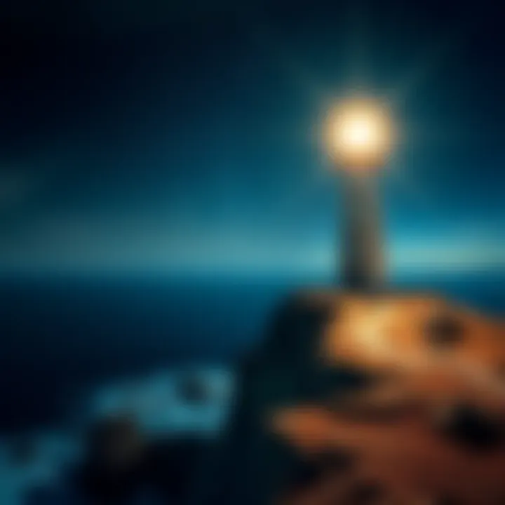 A radiant lighthouse shining brightly on a cliff, symbolizing guidance towards awakening and higher understanding, with a starry night sky in the background