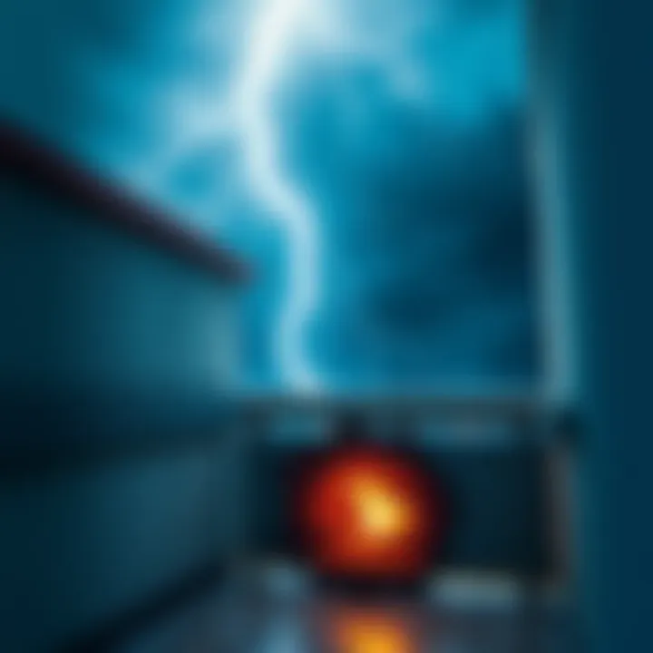 Lightning striking a balcony, leaving a burned hole in the tiles outside during a storm