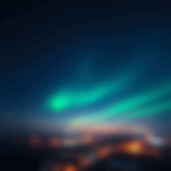 Bright red and green lights in the night sky above a small town, remaining still for several minutes