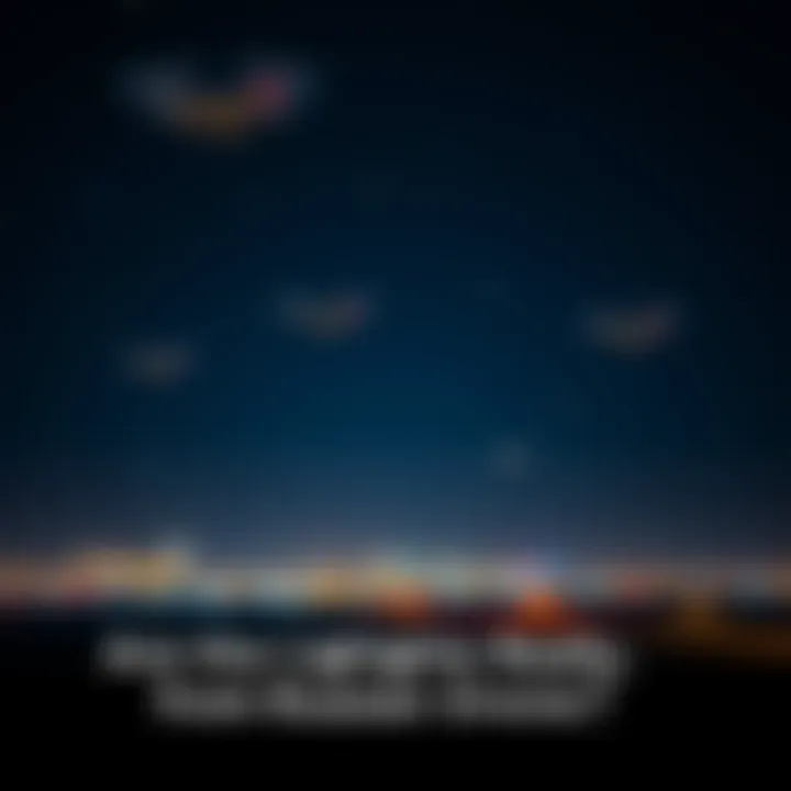 A view of blinking lights in the night sky, appearing to be drones, but lacking recognizable features.