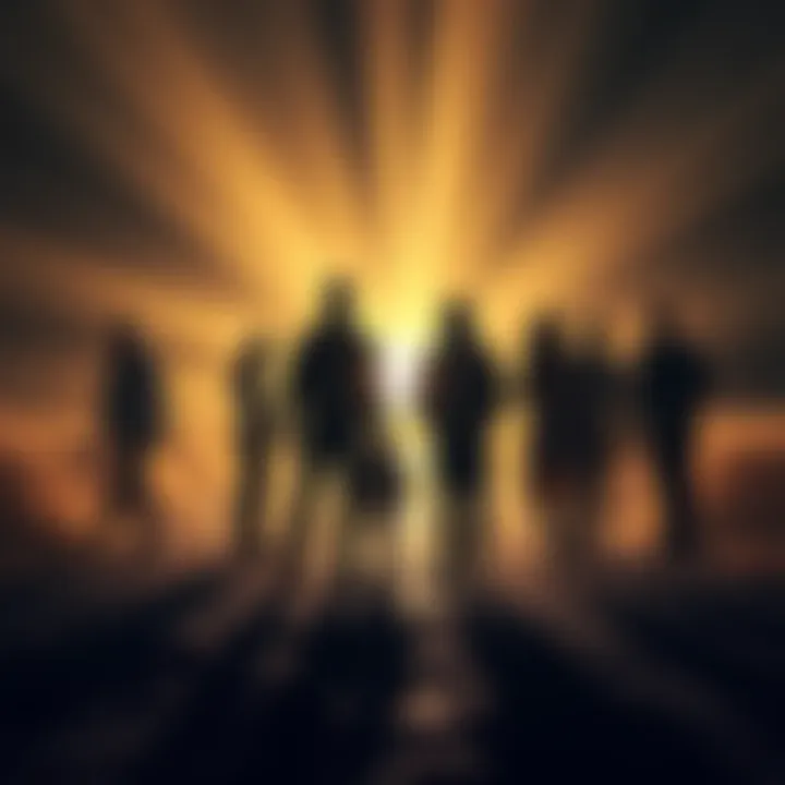 Lightworkers illuminating a dark path A group of Lightworkers standing together, radiating light and energy while facing shadows, symbolizing transformation and collective consciousness during America's 250th anniversary.