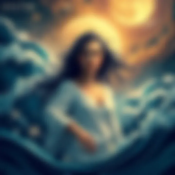 Lilith in Pisces Illustration A woman surrounded by waves and stars, symbolizing dreams and spirituality, depicting the influence of Lilith in Pisces.