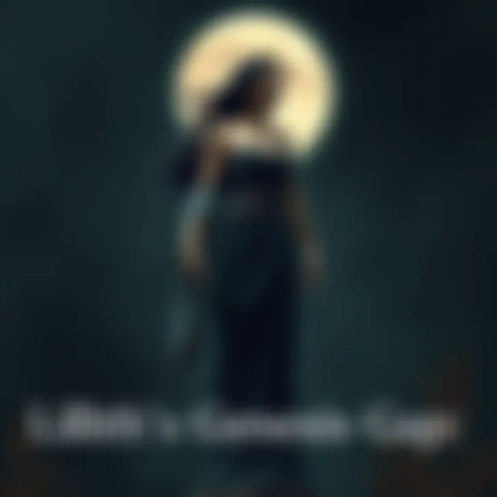 Lilith representing Adam's shadow self A figure of Lilith, depicted as a strong woman with dark hair, standing in a moonlit setting, symbolizing her connection to Adam's repressed self, with subtle hints of nature around her.