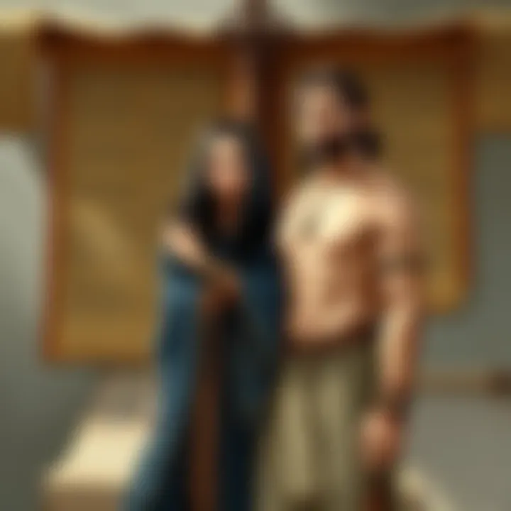 Lilith and Adam in ancient texts Illustration of Lilith standing confidently beside Adam, symbolizing equality, with a backdrop of ancient scrolls and texts.