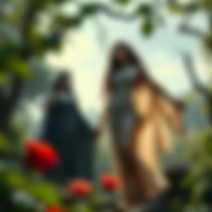 A scene depicting Lilith and Eve in the Garden of Eden, highlighting their contrasting representations with Lilith standing confidently and Eve appearing more subdued.