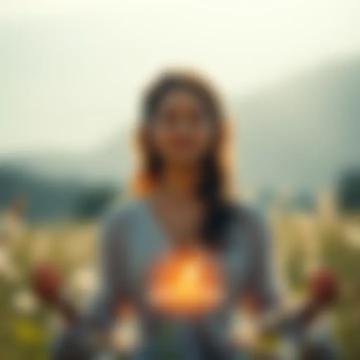 A person meditating with a serene expression, surrounded by calming nature and gentle light, representing the Lilith mantra practice.