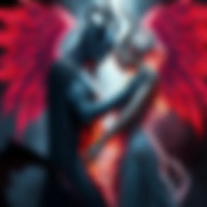 An artistic representation showing Lilith and Samael as intertwined figures, symbolizing duality in mythology, with contrasting elements of light and dark.
