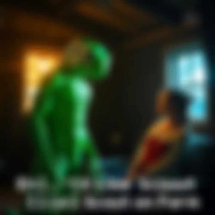 Lime-Green Alien Scout on Farm A muscular, lime-green reptilian alien stands by a surprised woman in a dark farm room, with strange lights visible outside the window.