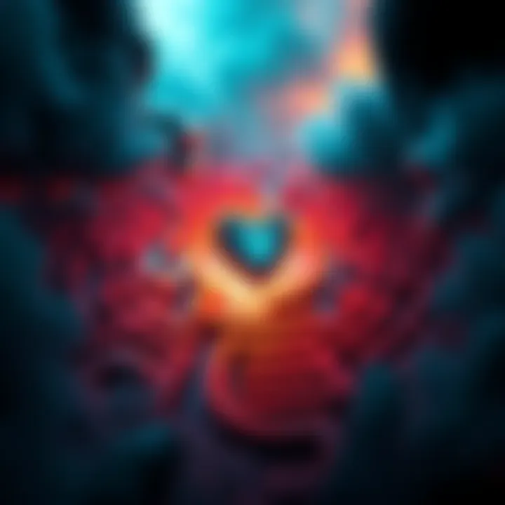 An abstract representation of emotional turmoil and recovery, featuring a labyrinth with a heart at the center, symbolizing the journey through limerence and healing.