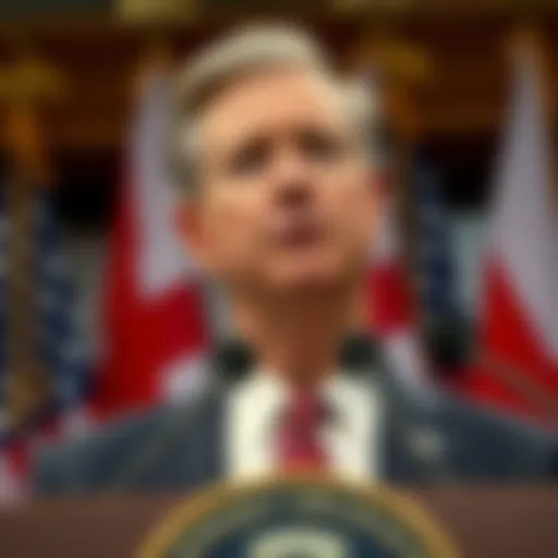 Senator Lindsey Graham speaking at a podium with a serious expression, flags in the background, reflecting a critical moment in political discourse.