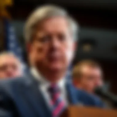 Lindsey Graham speaking at a press conference, expressing his views on Ukraine and international politics, with a serious expression.