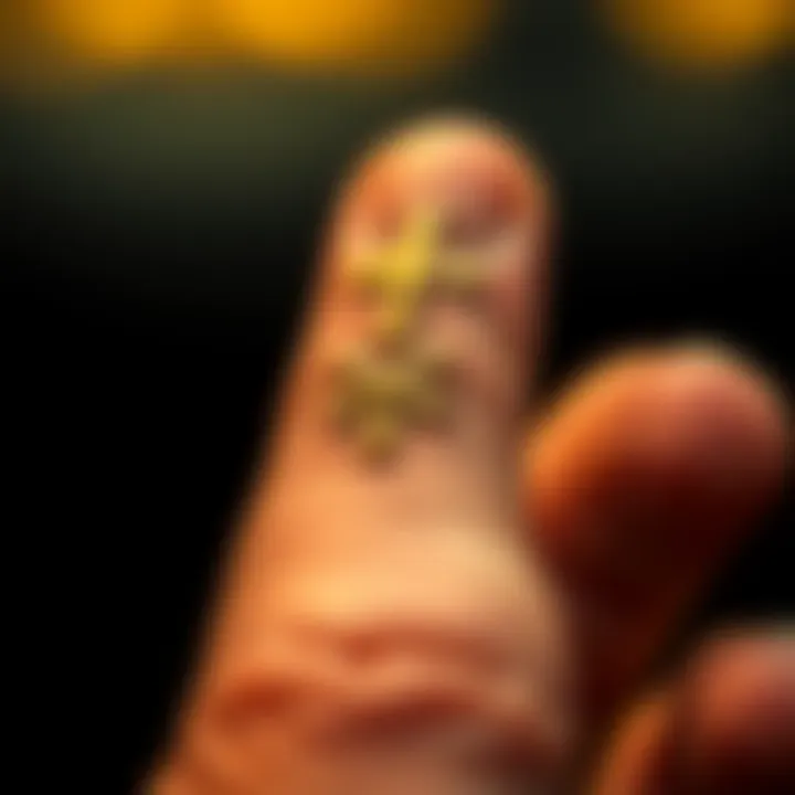 Close-up of a little finger showing distinct lines and crosses carved into the skin, symbolizing personal meanings and cultural significance.
