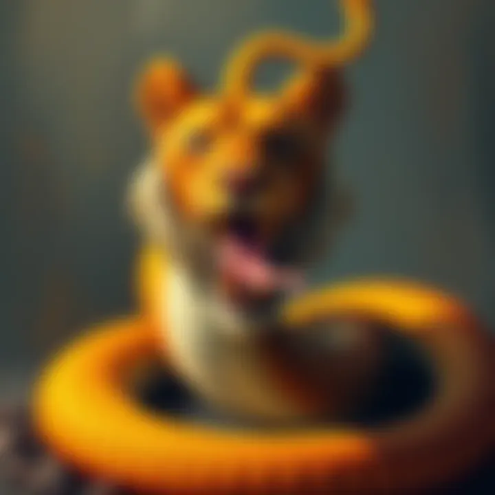 An oil painting on linen featuring a lion's head integrated with a serpent's body, showcasing vibrant colors and modern artistic style.