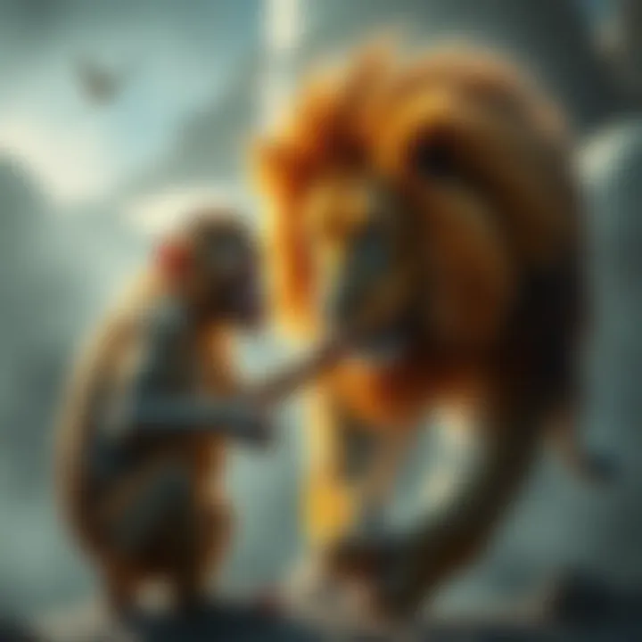 A lion and a tiny monkey engaged in a playful yet fierce confrontation, highlighting a surreal dream scenario.