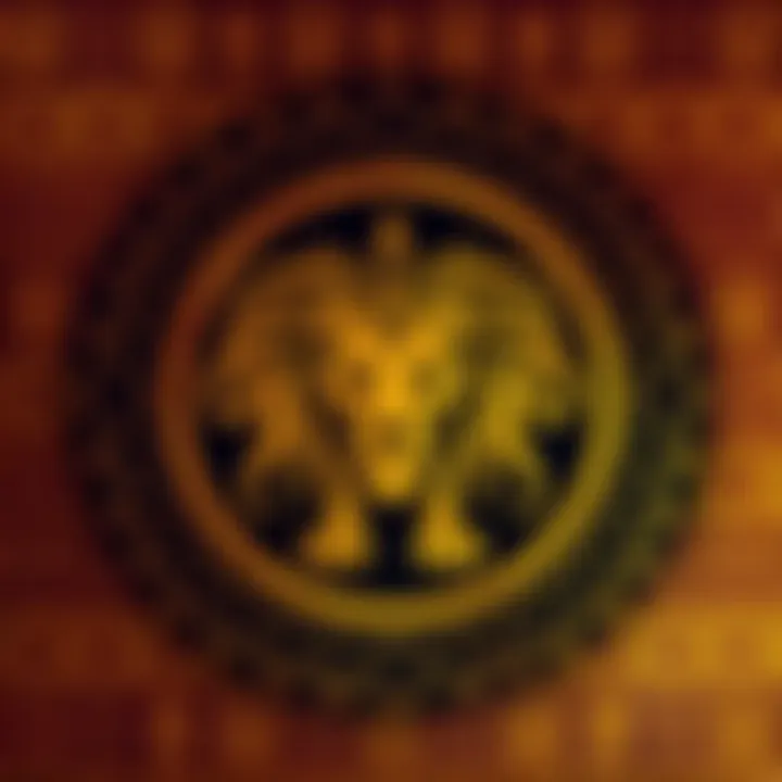 A lion symbol surrounded by traditional African designs, representing culture and heritage.