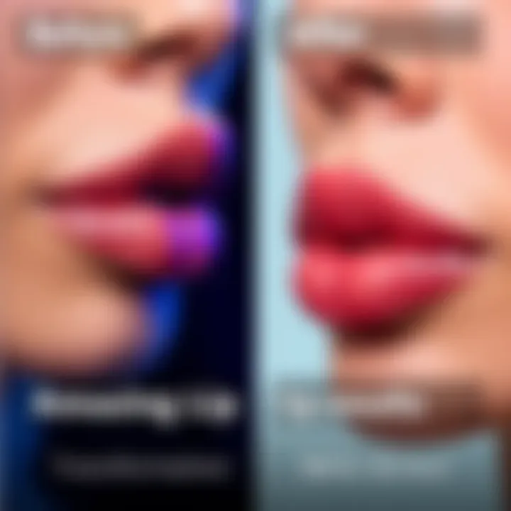 A side-by-side comparison of lip transformations showing significant enhancement in fullness and shape.