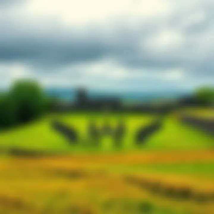 Lisnagade Fort surrounded by green hills and ancient trees in County Down, Northern Ireland.
