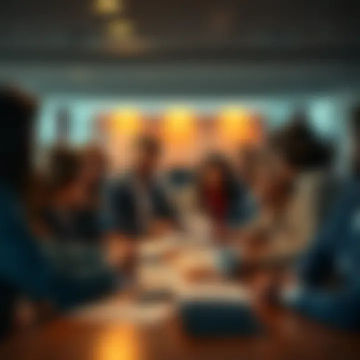 A group of people discussing a list, looking curious and engaged, with papers on a table.
