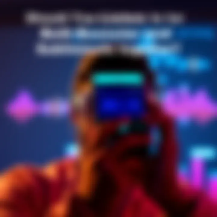 A person wearing headphones while listening to two audio tracks on a smartphone.