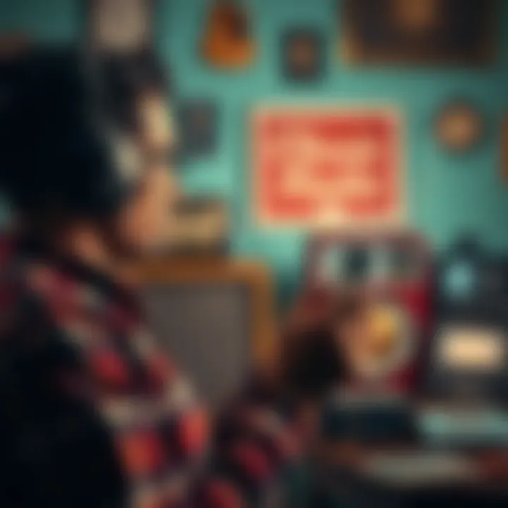 A person wearing headphones, enjoying classic radio shows on a smartphone, surrounded by nostalgic memorabilia like old radios and cassette tapes.