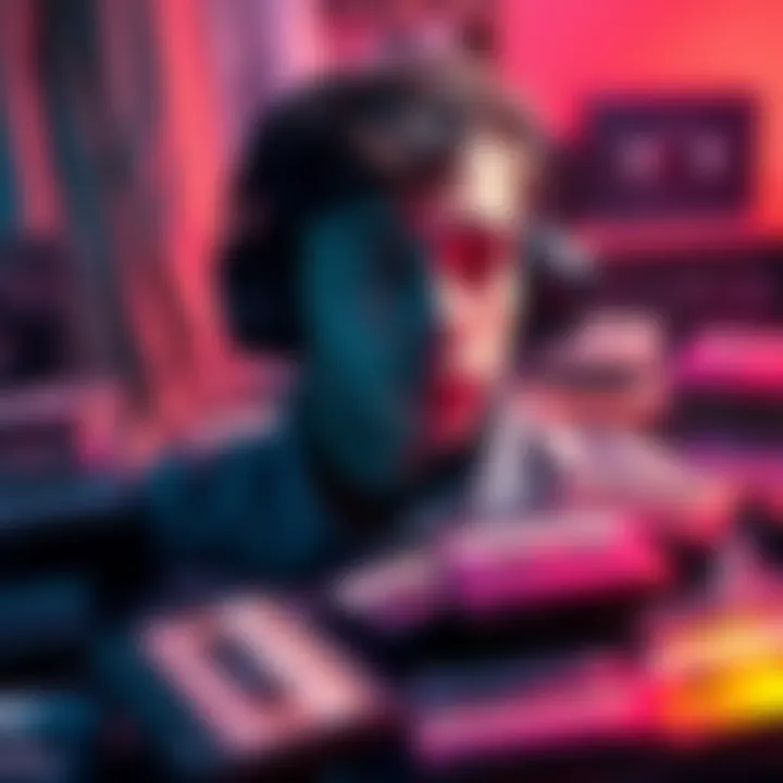 A person wearing headphones, intently listening to audio tapes, surrounded by various tape cassettes, reflecting a commitment to a monthly routine