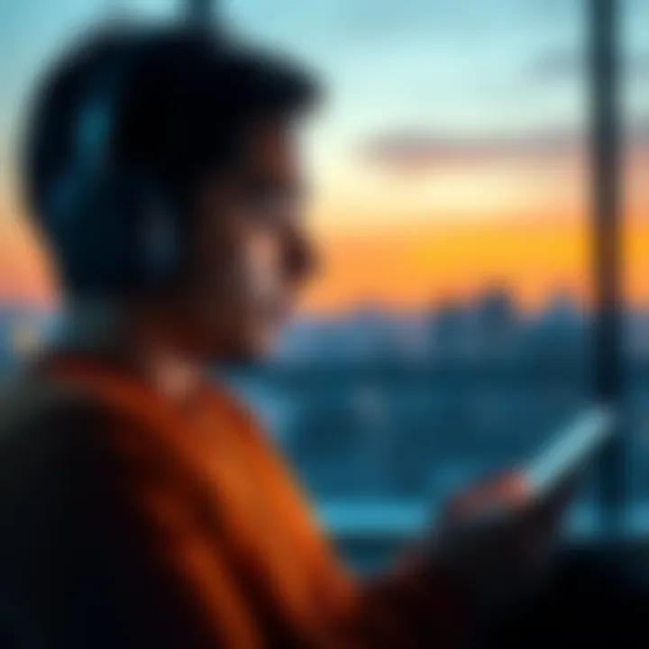 Listening to Subliminal Messages A person wearing headphones, focused while listening to subliminal messages on a tablet. A calming background suggests relaxation and concentration.